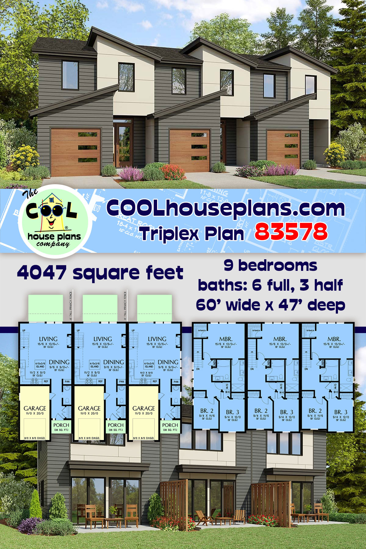 Contemporary, Modern Multi-Family Plan 83578 with 9 Beds, 9 Baths, 3 Car Garage