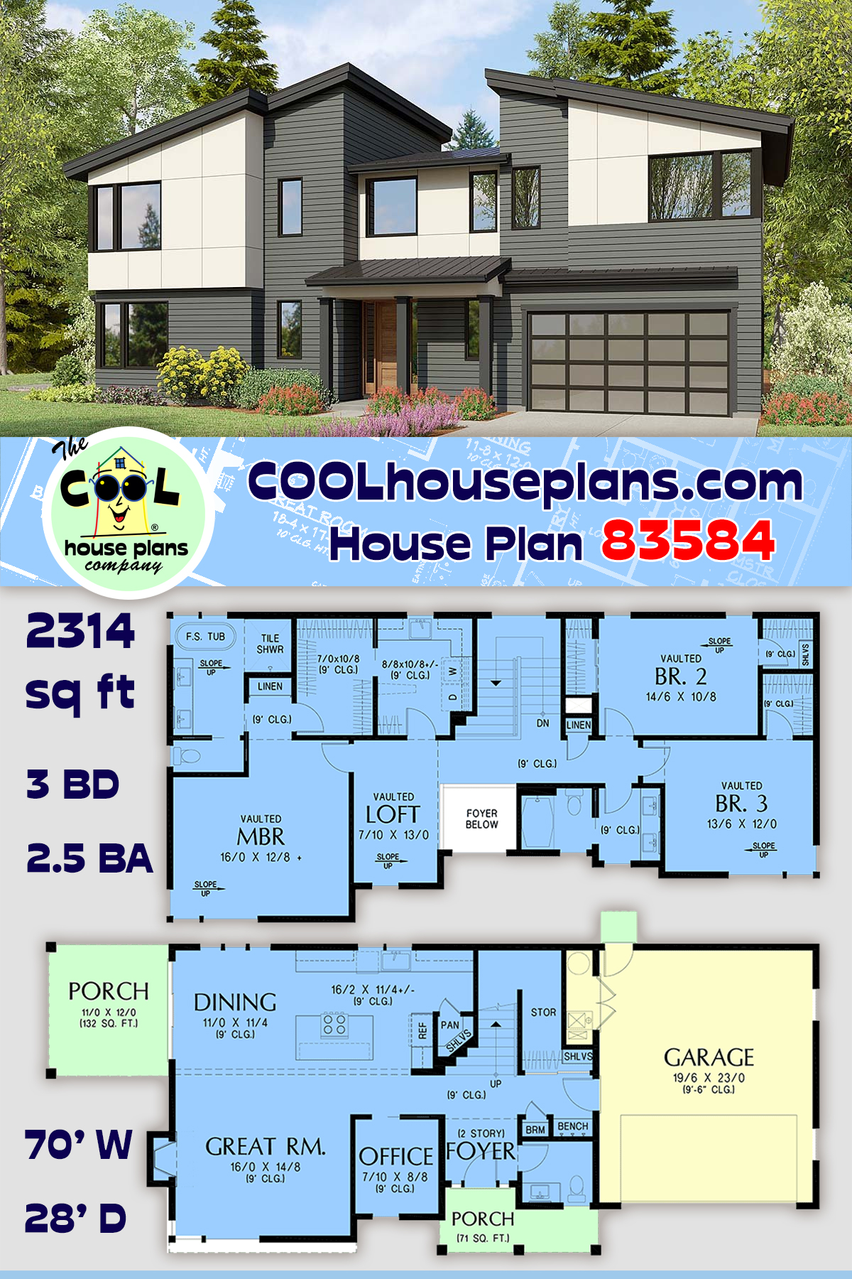 Contemporary House Plan 83584 with 3 Beds, 3 Baths, 2 Car Garage