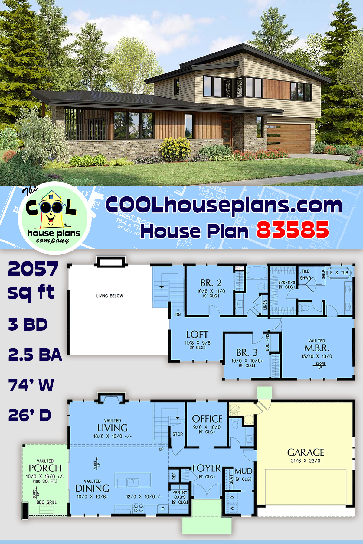 Contemporary, Modern House Plan 83585 with 3 Beds, 3 Baths, 2 Car Garage