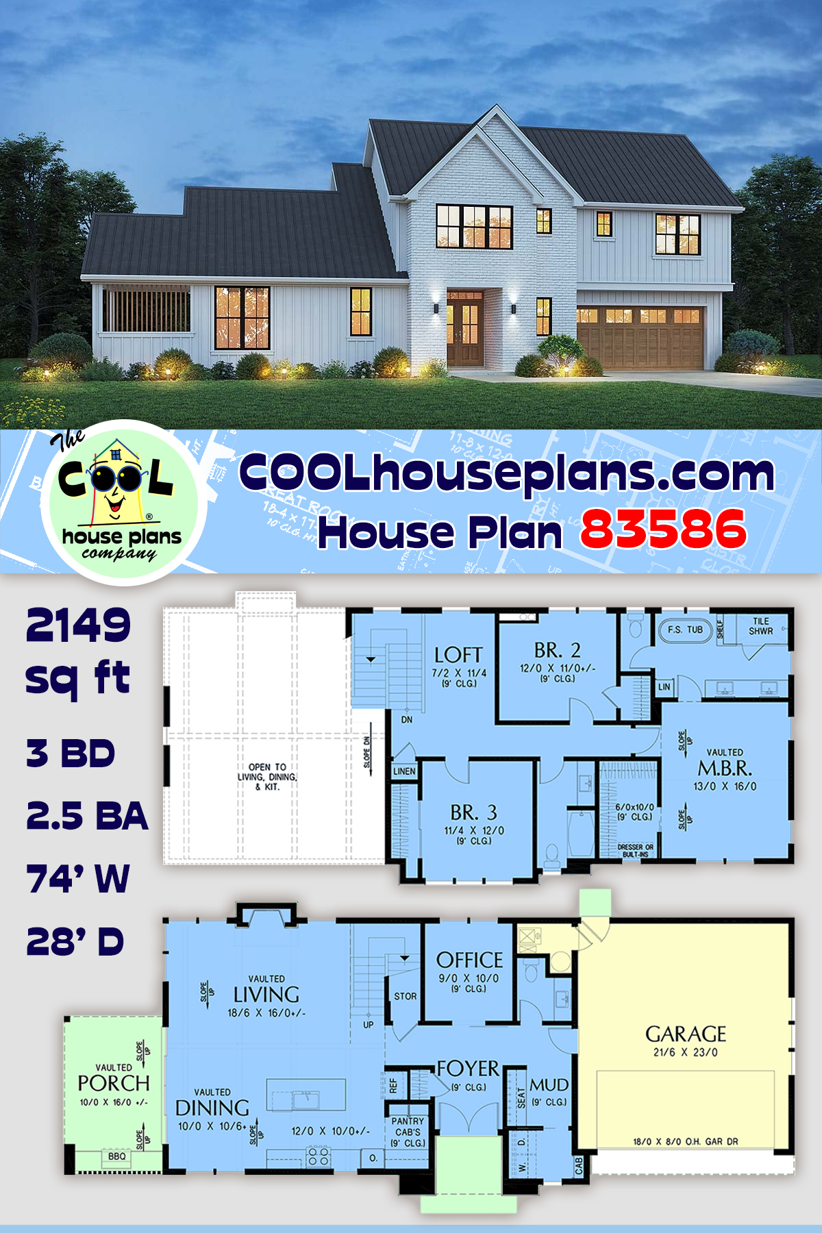 Farmhouse, Traditional House Plan 83586 with 3 Beds, 3 Baths, 2 Car Garage
