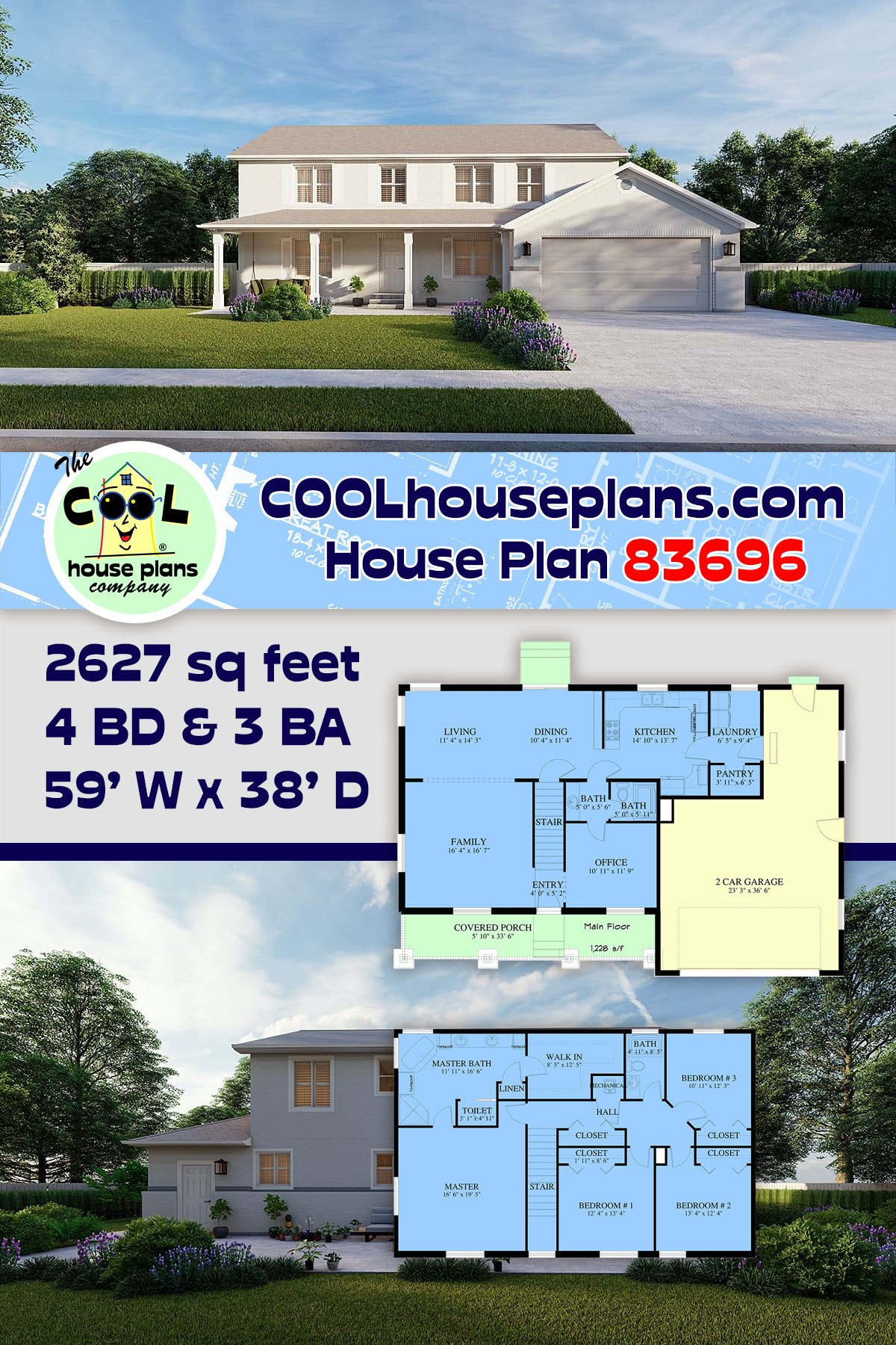 Colonial, Country, Traditional House Plan 83696 with 4 Beds, 3 Baths, 2 Car Garage