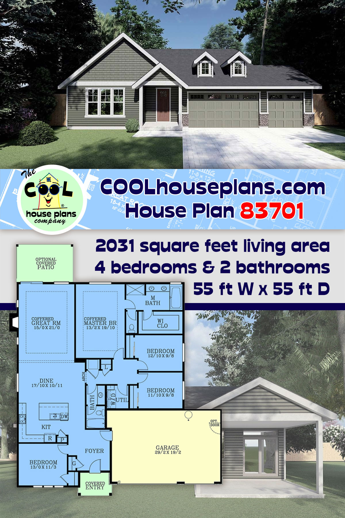 Bungalow, Cottage, Country, Craftsman, Ranch House Plan 83701 with 4 Beds, 2 Baths, 3 Car Garage