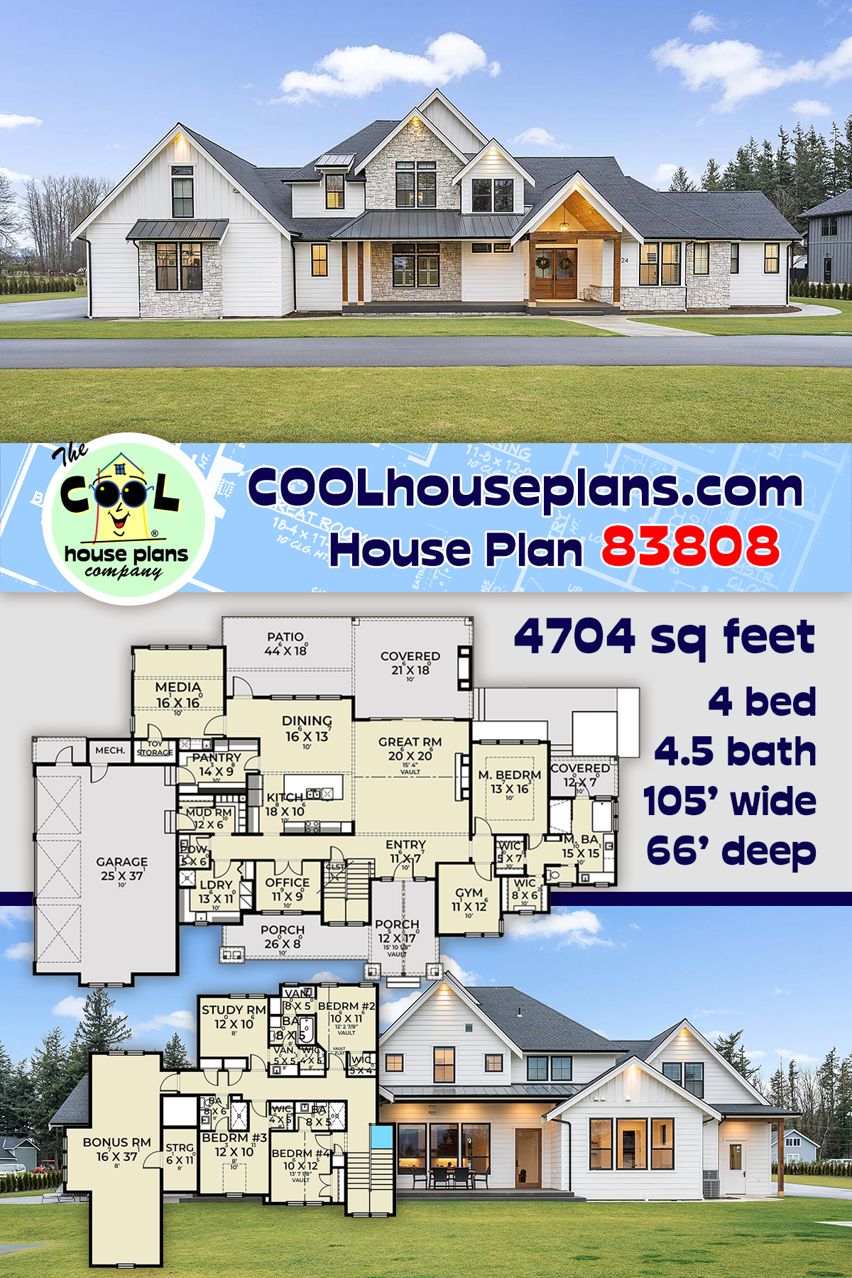 Country, Craftsman, Farmhouse, New American House Plan 83808 with 4 Beds, 5 Baths, 3 Car Garage