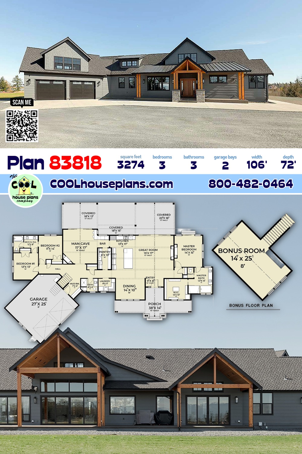 Craftsman, Farmhouse, Traditional House Plan 83818 with 3 Beds, 3 Baths, 2 Car Garage