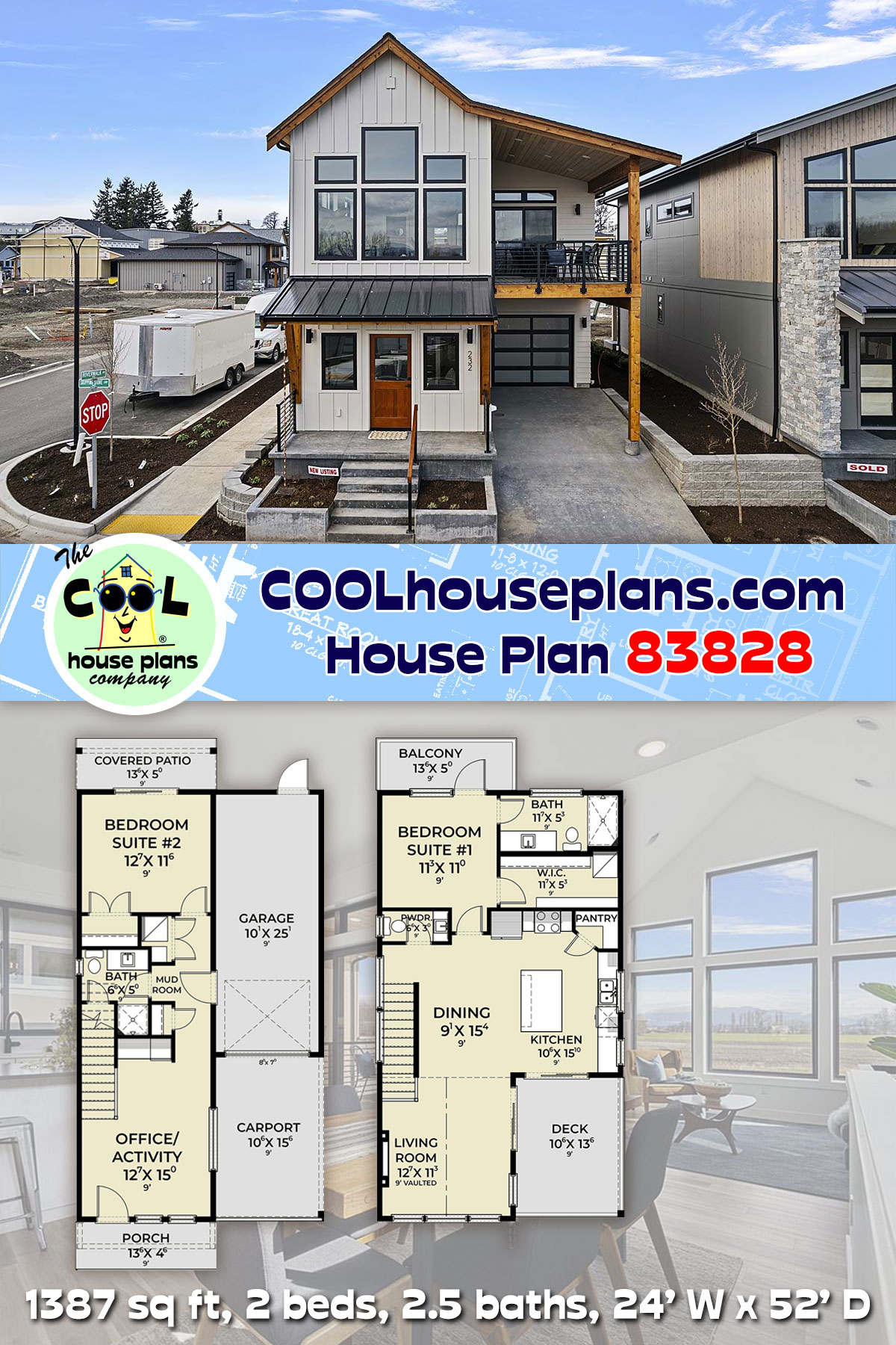 Contemporary, Farmhouse House Plan 83828 with 2 Beds, 3 Baths, 1 Car Garage
