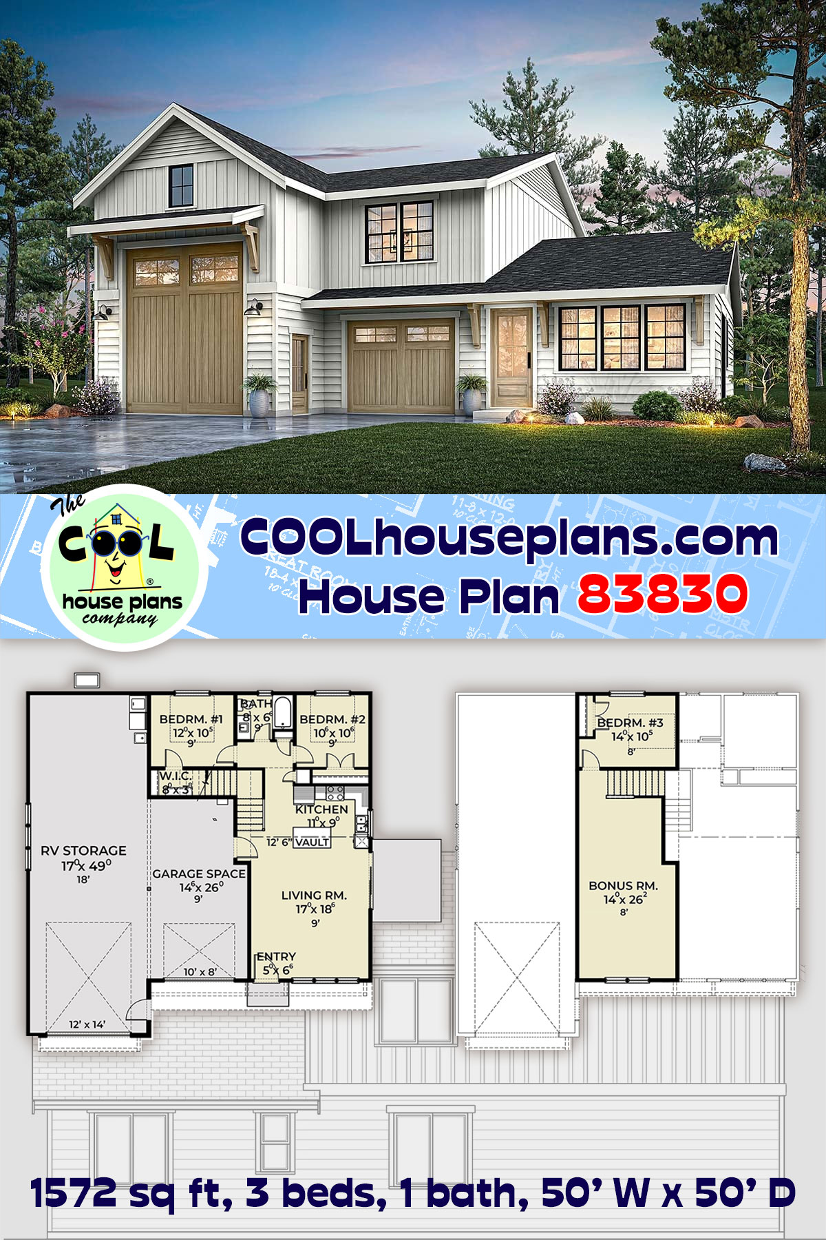 Barndominium, Craftsman, Farmhouse, Southern House Plan 83830 with 3 Beds, 1 Baths, 2 Car Garage