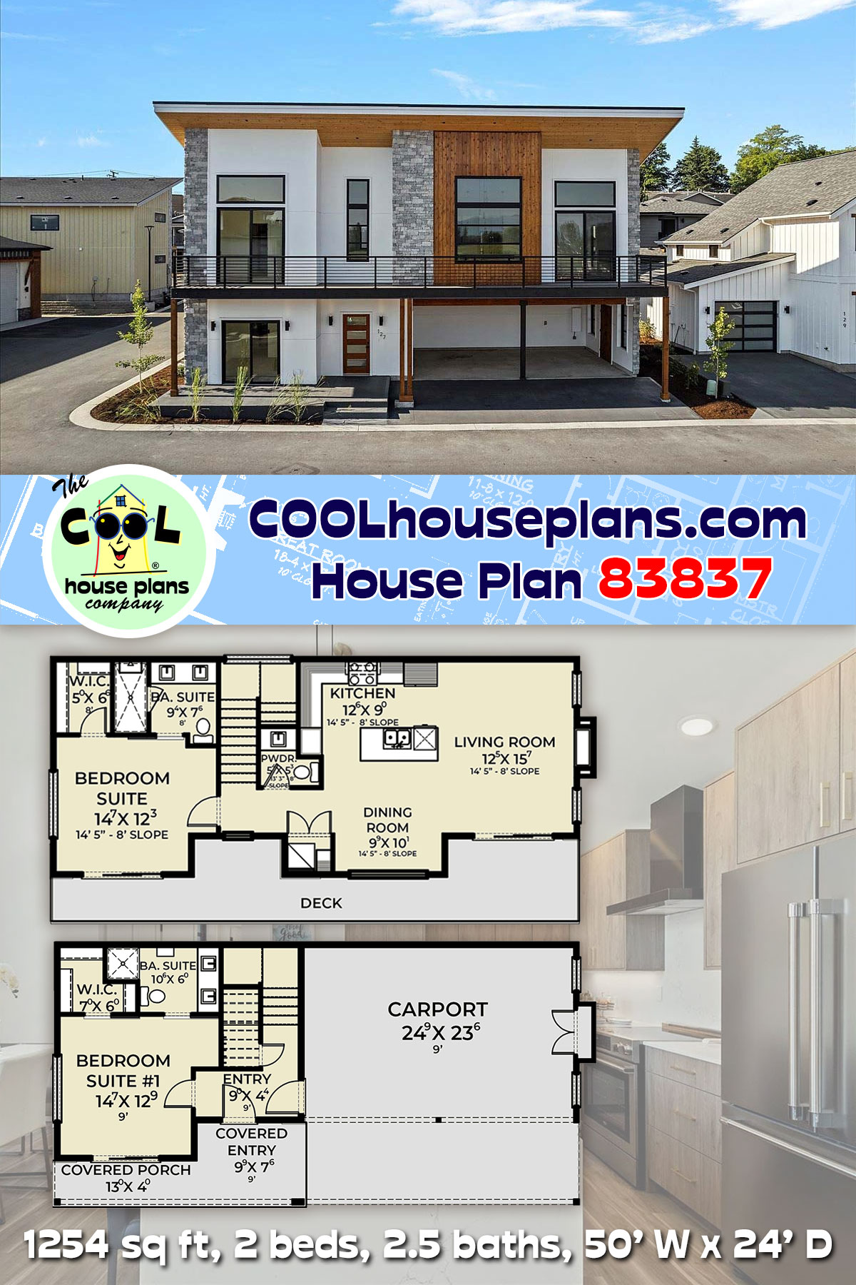 Contemporary House Plan 83837 with 2 Beds, 3 Baths, 2 Car Garage