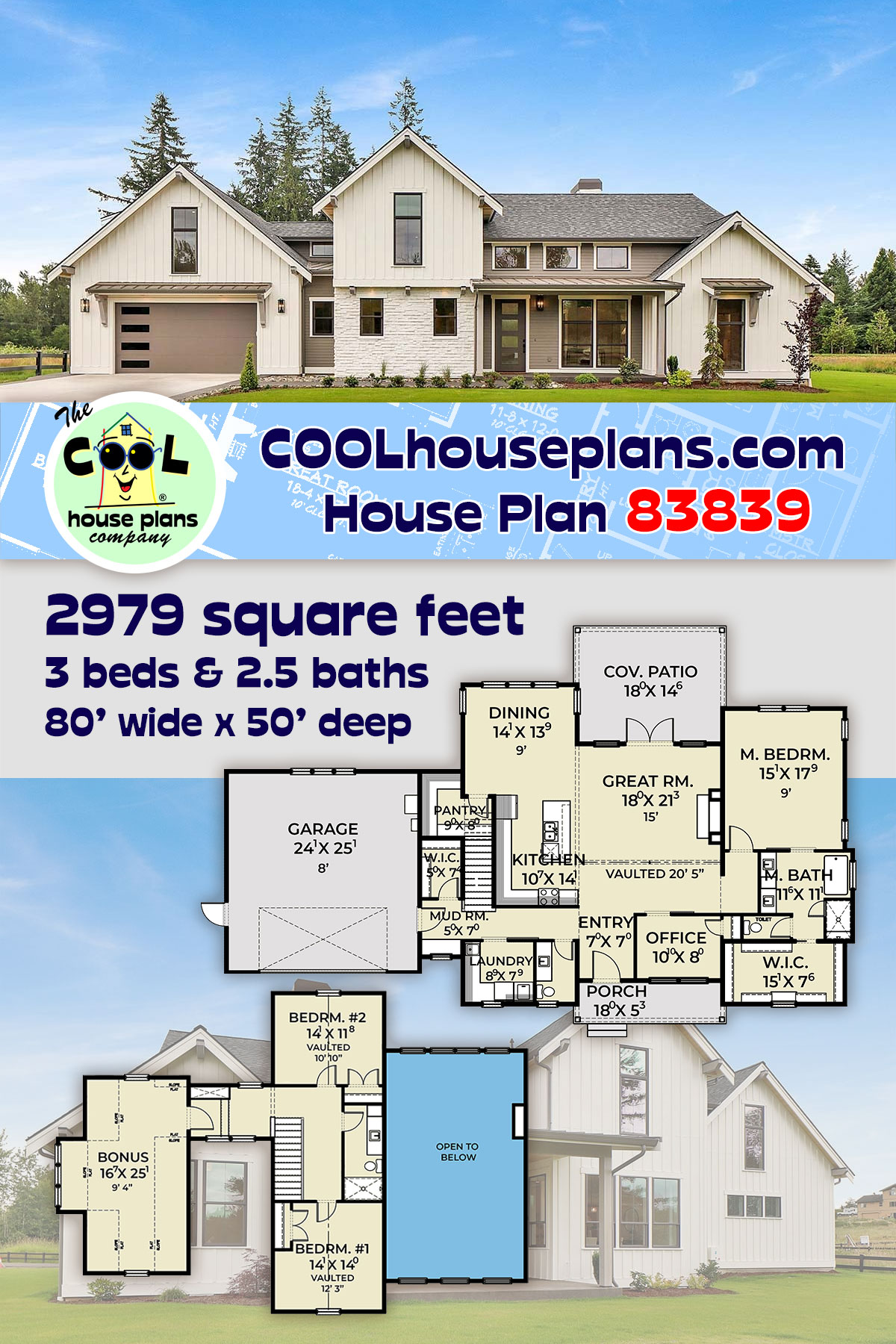 Country, Craftsman, Farmhouse, New American, Southern House Plan 83839 with 3 Beds, 3 Baths, 2 Car Garage