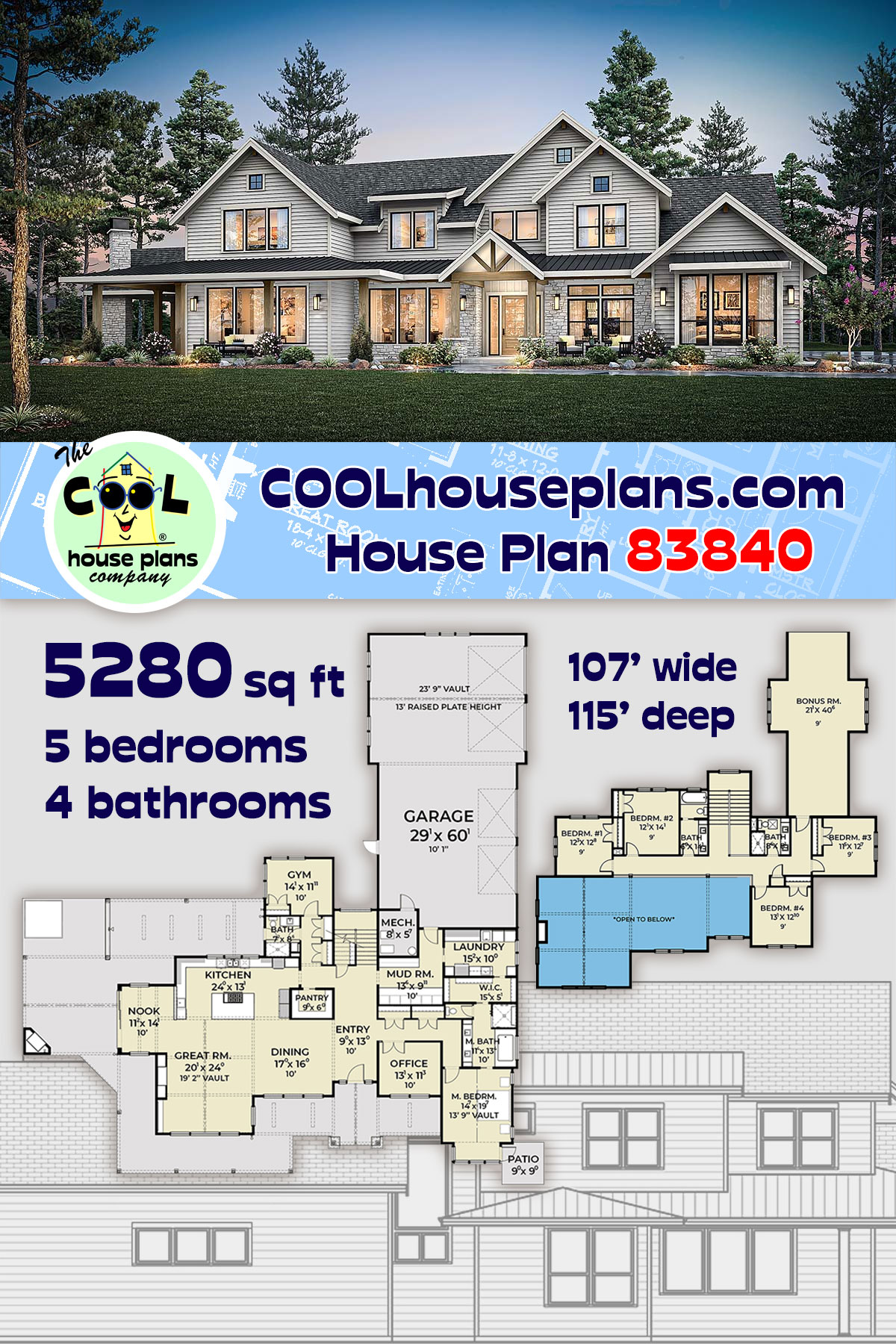 Country, Craftsman, Farmhouse, Southern House Plan 83840 with 5 Beds, 4 Baths, 4 Car Garage