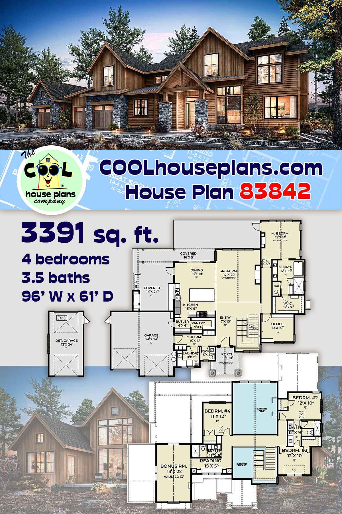 Country, Craftsman, Farmhouse House Plan 83842 with 4 Beds, 4 Baths, 3 Car Garage