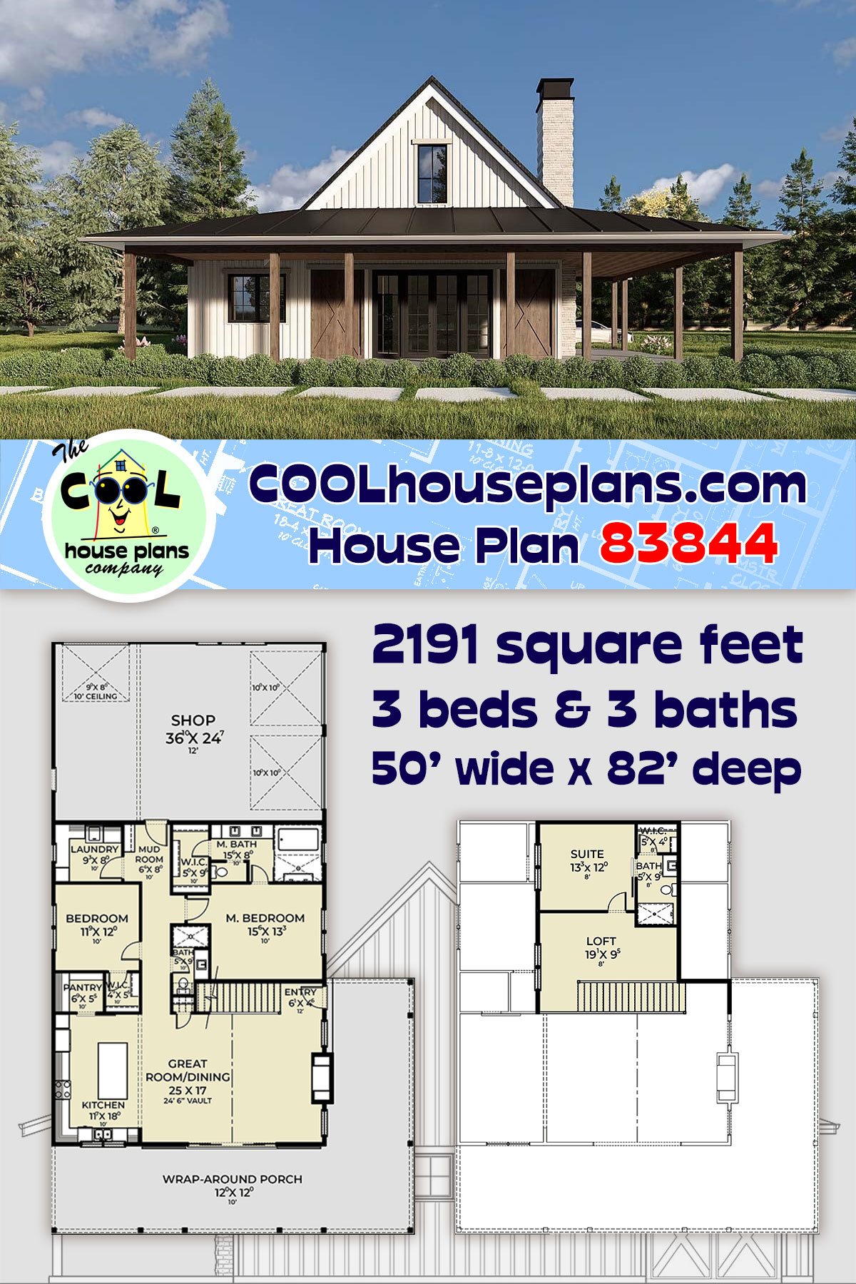 Barndominium, Country, Craftsman, Ranch, Southern House Plan 83844 with 3 Beds, 3 Baths, 3 Car Garage