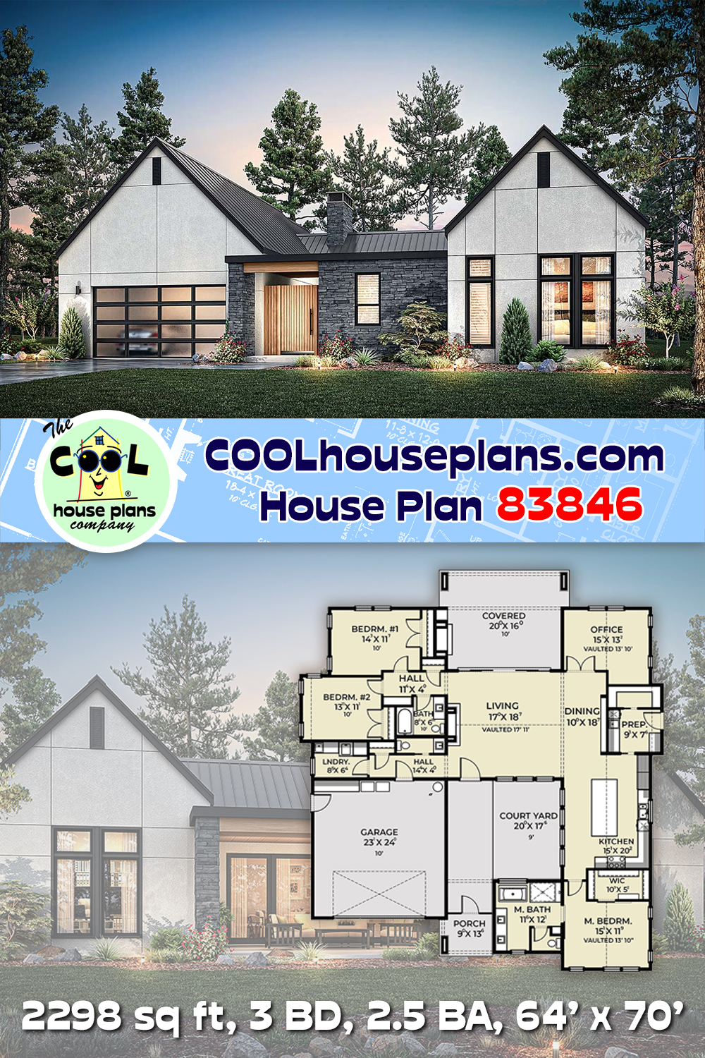 Contemporary, Modern House Plan 83846 with 3 Beds, 3 Baths, 2 Car Garage