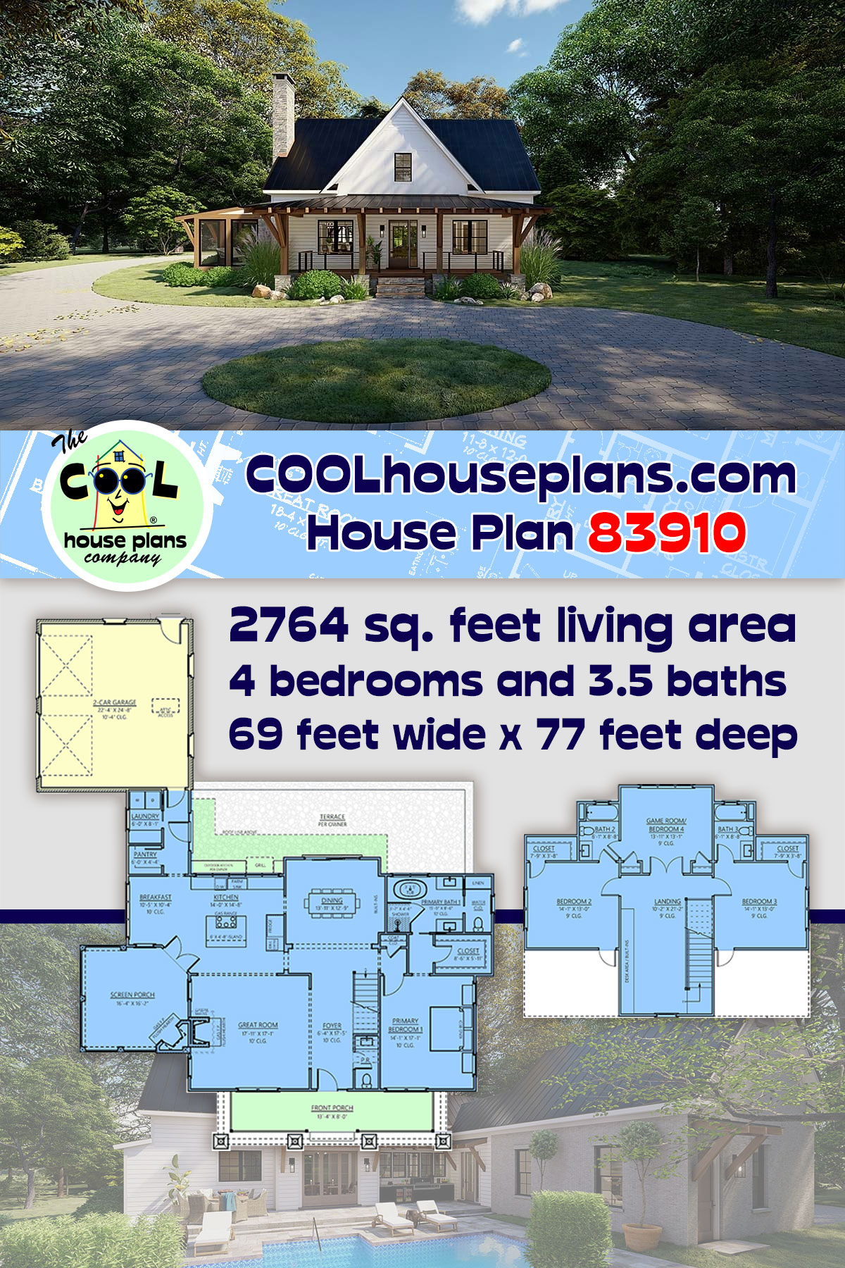 Coastal, Craftsman, Southern House Plan 83910 with 4 Beds, 4 Baths, 2 Car Garage