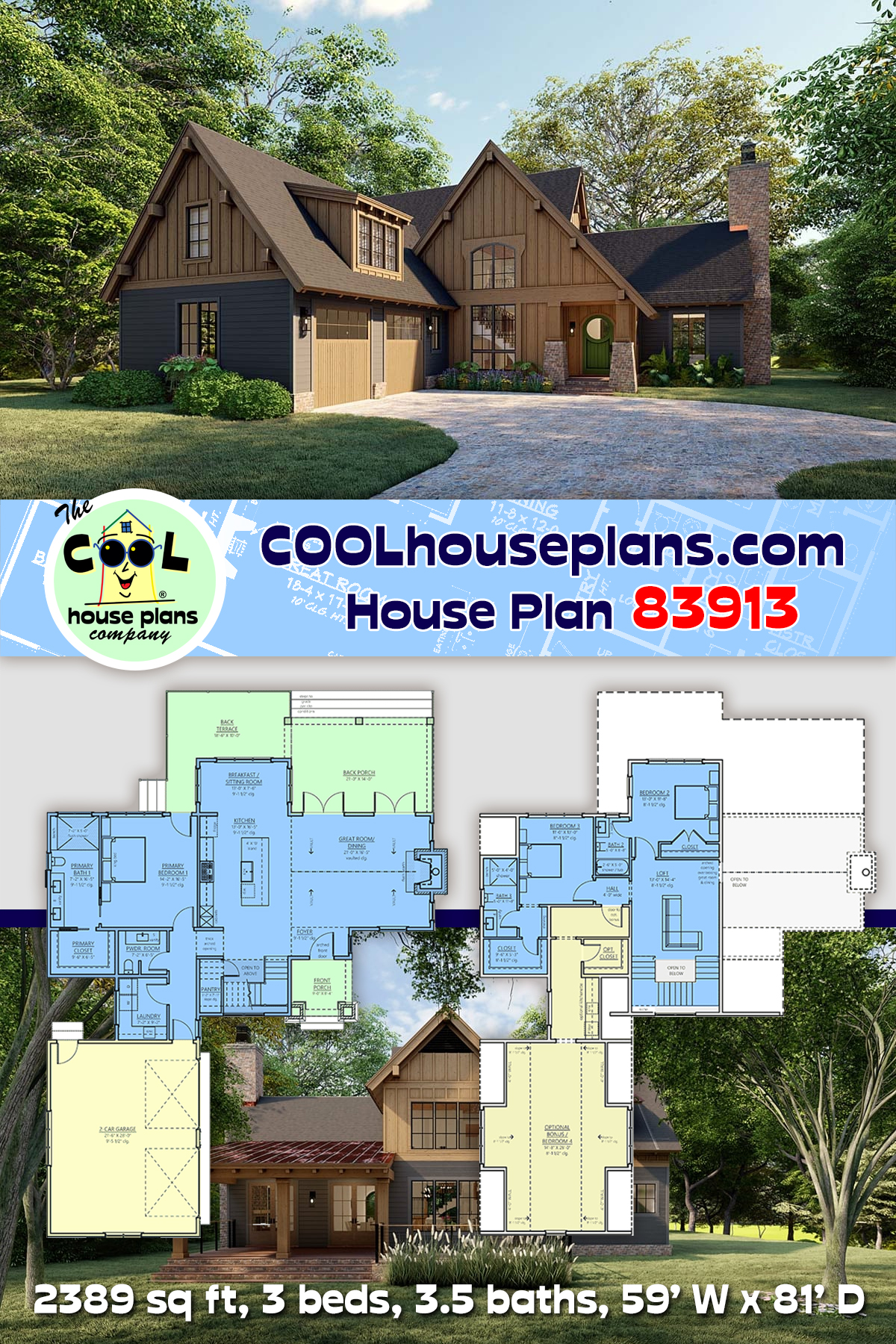 Craftsman House Plan 83913 with 3 Beds, 4 Baths, 2 Car Garage