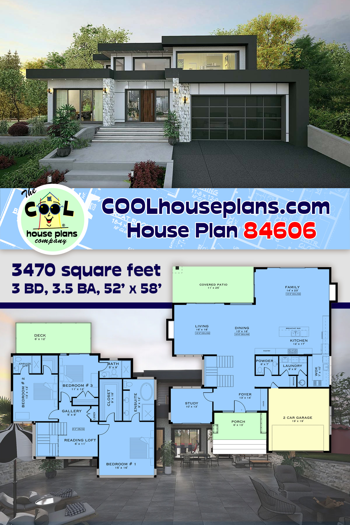 Contemporary, European, Modern House Plan 84606 with 3 Beds, 4 Baths, 2 Car Garage