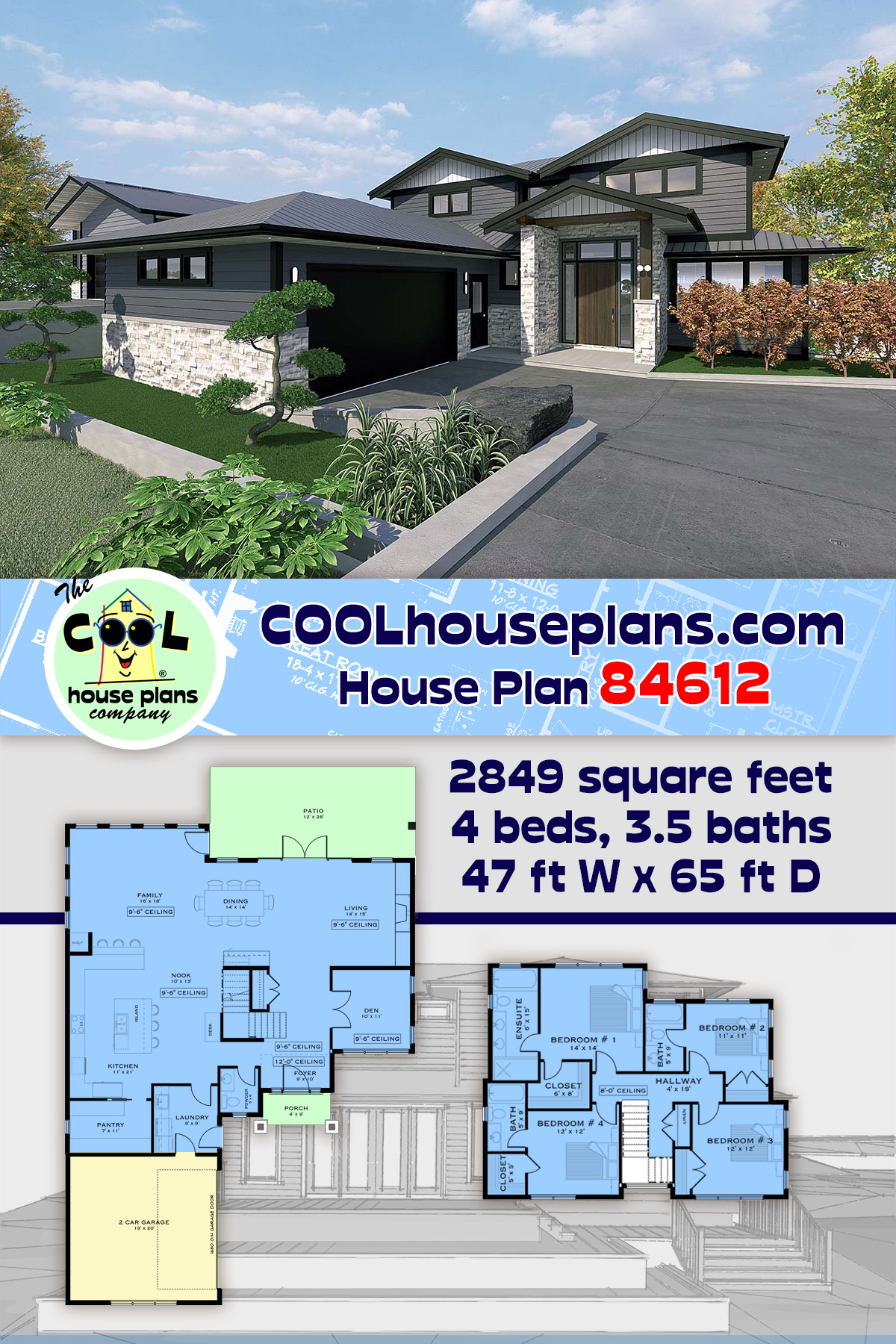 Craftsman, European, Prairie House Plan 84612 with 4 Beds, 4 Baths, 2 Car Garage
