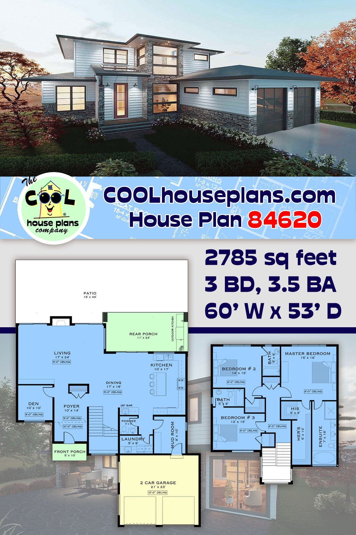 Contemporary, European House Plan 84620 with 3 Beds, 4 Baths, 2 Car Garage