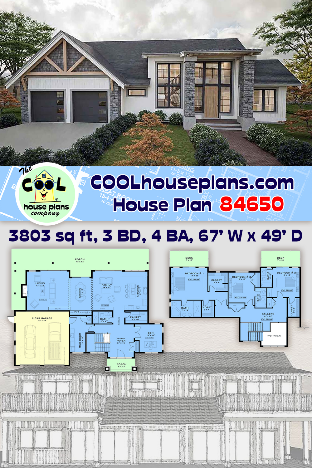 Coastal, Contemporary, Cottage, European, Farmhouse House Plan 84650 with 3 Beds, 4 Baths, 2 Car Garage