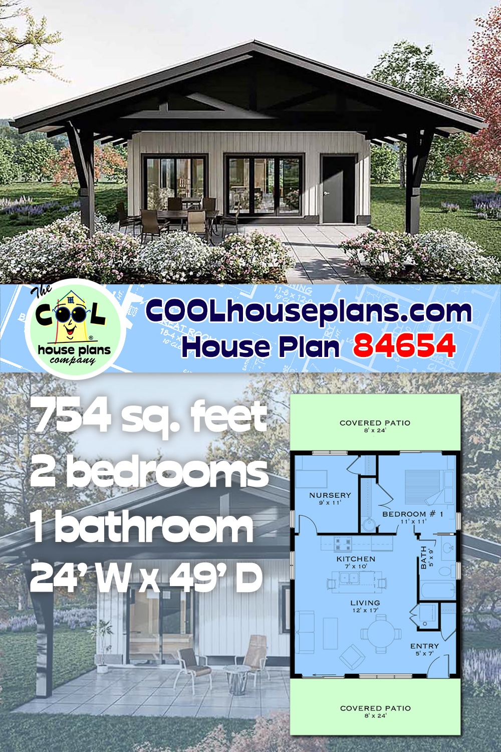 Bungalow, Contemporary, Cottage, Craftsman House Plan 84654 with 2 Beds, 1 Baths