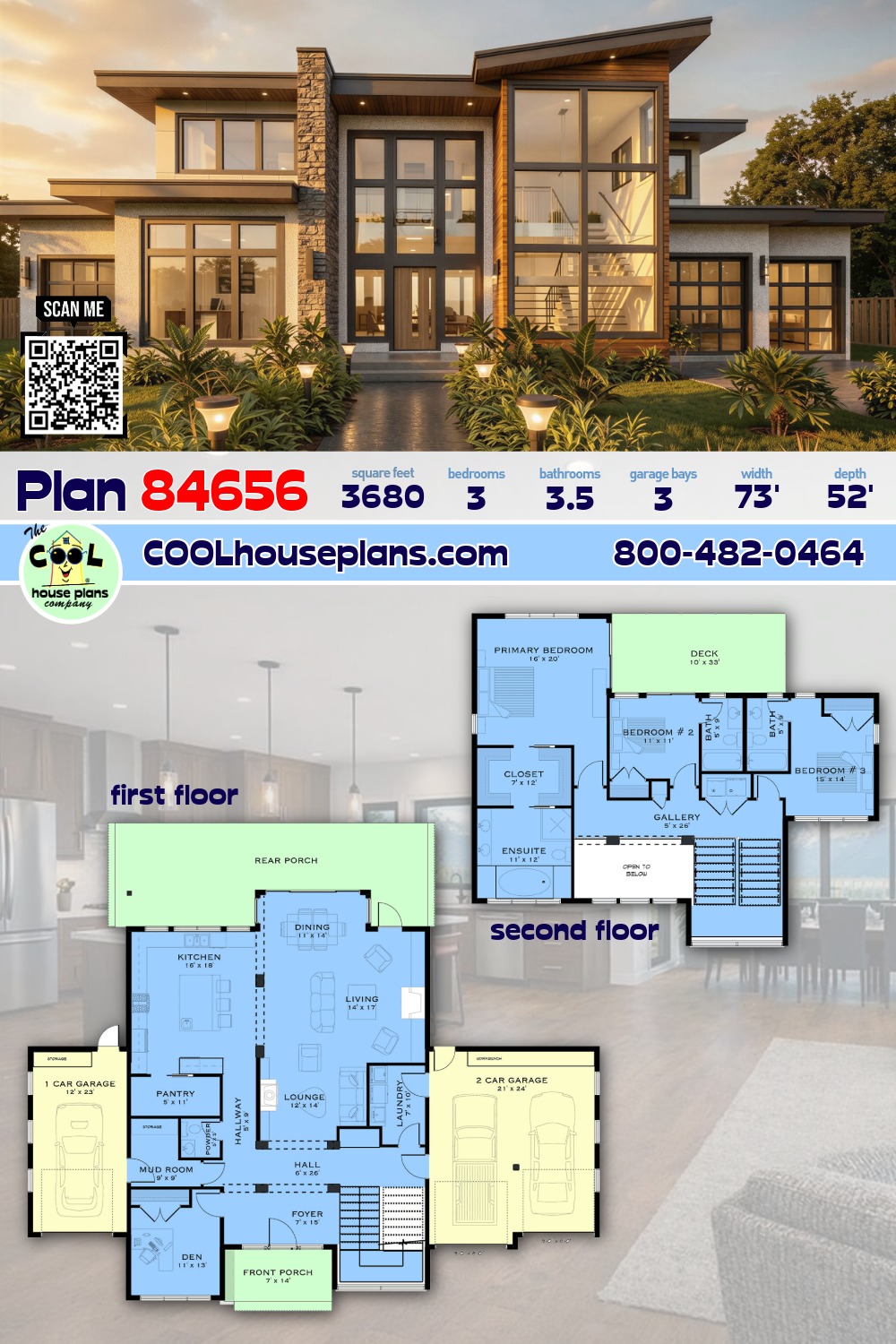 Contemporary, Modern House Plan 84656 with 3 Beds, 4 Baths, 3 Car Garage