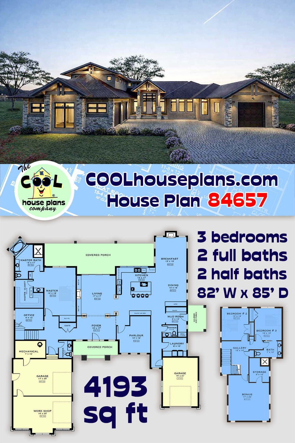Craftsman, Ranch House Plan 84657 with 3 Beds, 4 Baths, 3 Car Garage