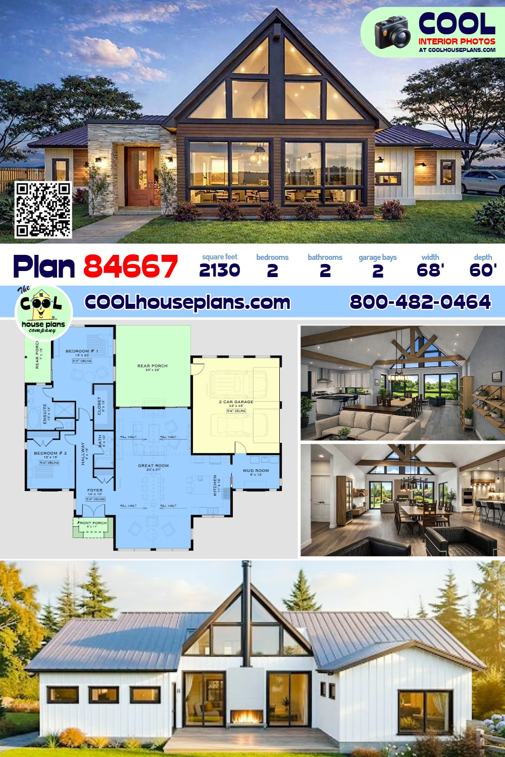 A-Frame, Contemporary, Craftsman, Farmhouse House Plan 84667 with 2 Beds, 2 Baths, 2 Car Garage