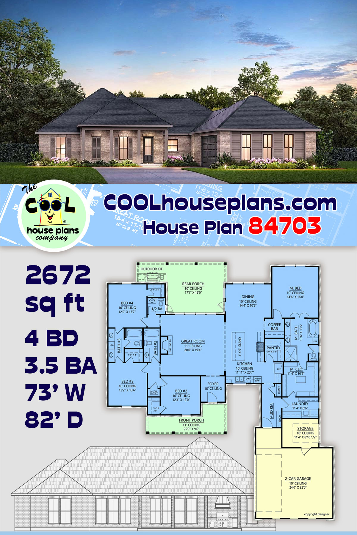 Acadian, Country, Ranch, Southern, Traditional House Plan 84703 with 4 Beds, 4 Baths, 2 Car Garage