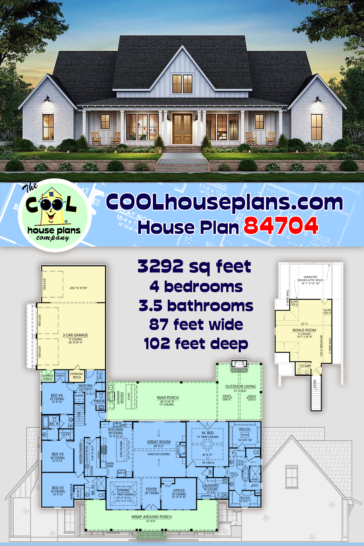 Country, Farmhouse, Southern House Plan 84704 with 4 Beds, 4 Baths, 3 Car Garage