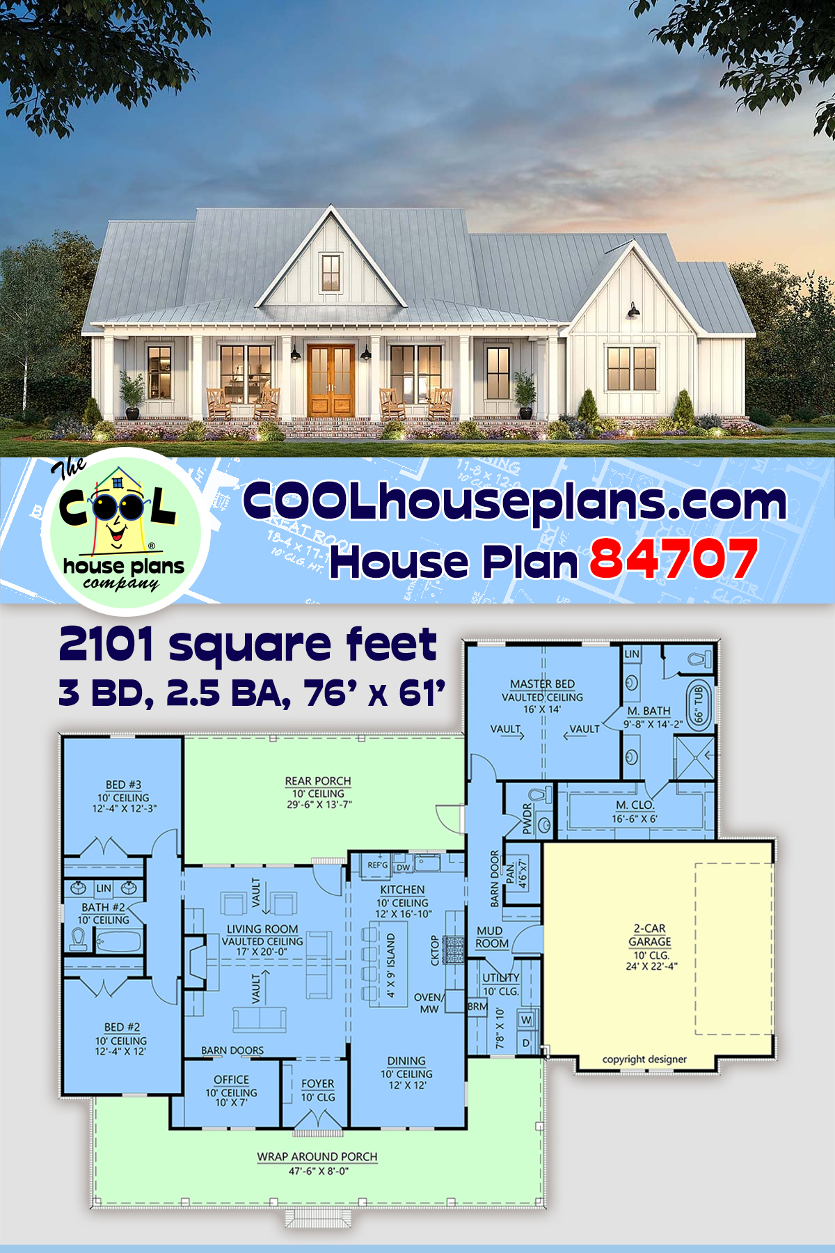 Country, Farmhouse, New American House Plan 84707 with 3 Beds, 3 Baths, 2 Car Garage