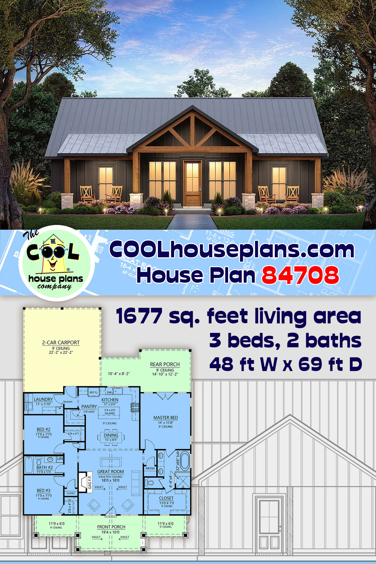 Barndominium, Country, Farmhouse House Plan 84708 with 3 Beds, 2 Baths, 2 Car Garage