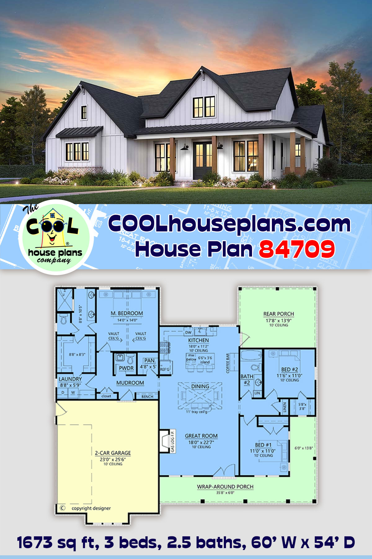 Country, Farmhouse House Plan 84709 with 3 Beds, 3 Baths, 2 Car Garage