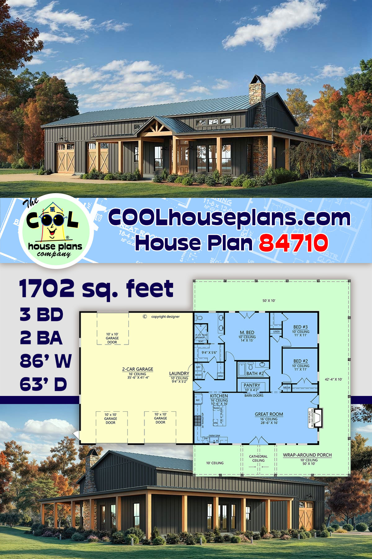 Barndominium, Farmhouse House Plan 84710 with 3 Beds, 2 Baths, 2 Car Garage