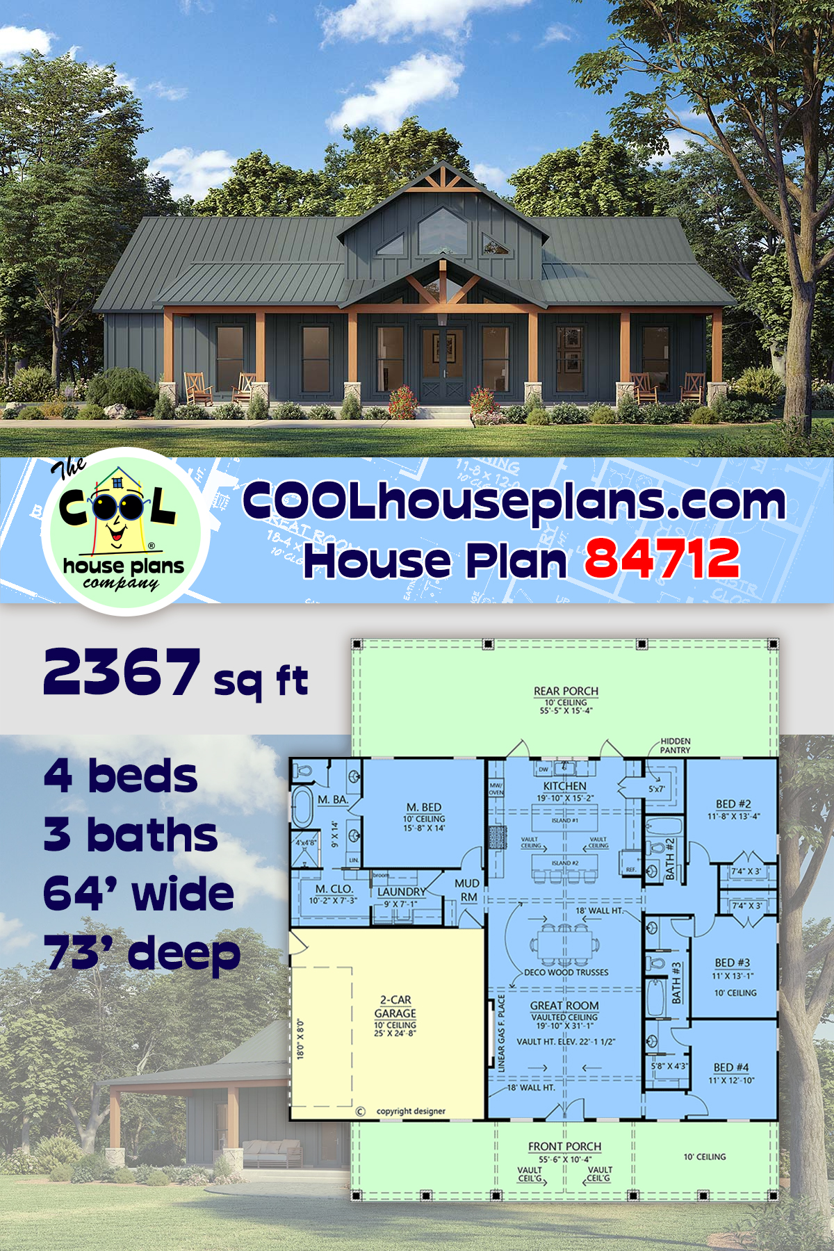 Barndominium, Country, Farmhouse House Plan 84712 with 4 Beds, 3 Baths, 2 Car Garage