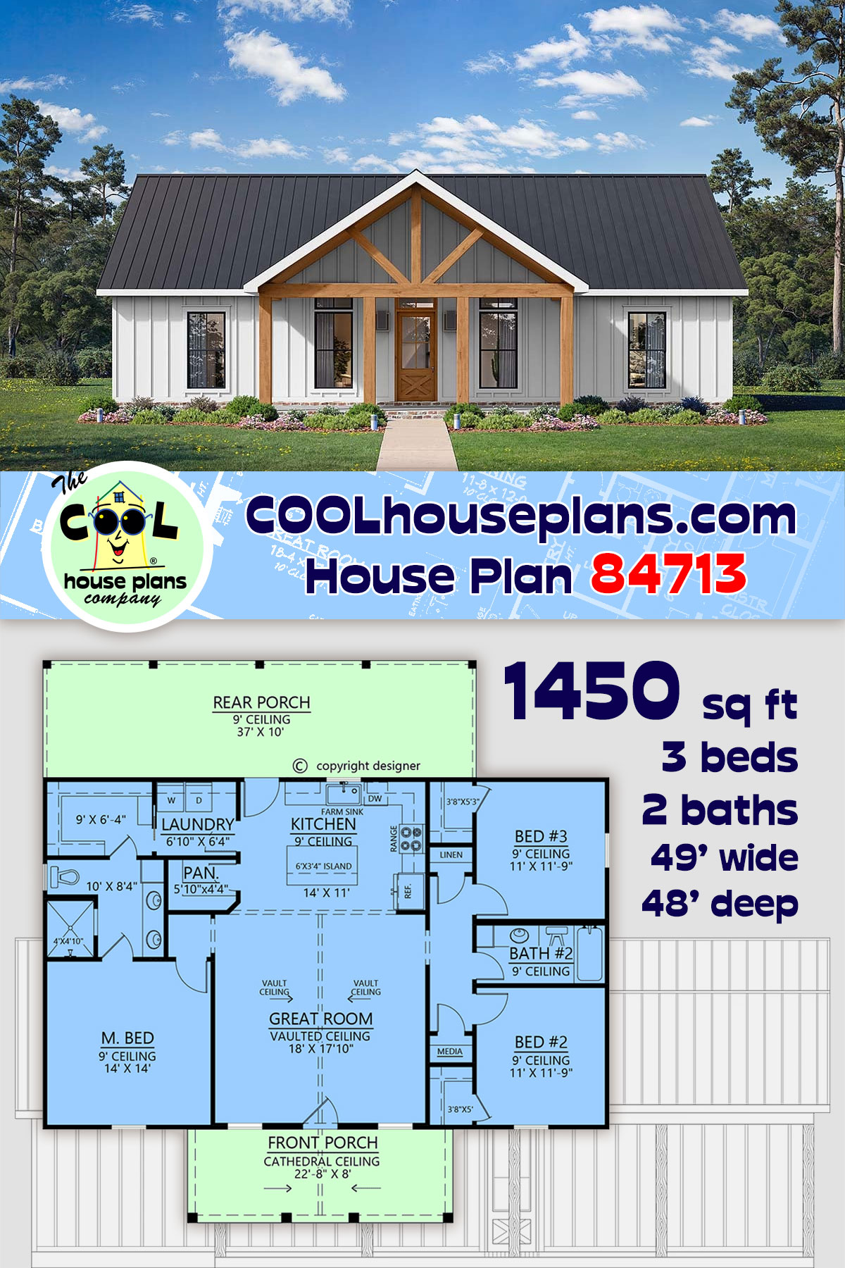 Farmhouse, Ranch House Plan 84713 with 3 Beds, 2 Baths