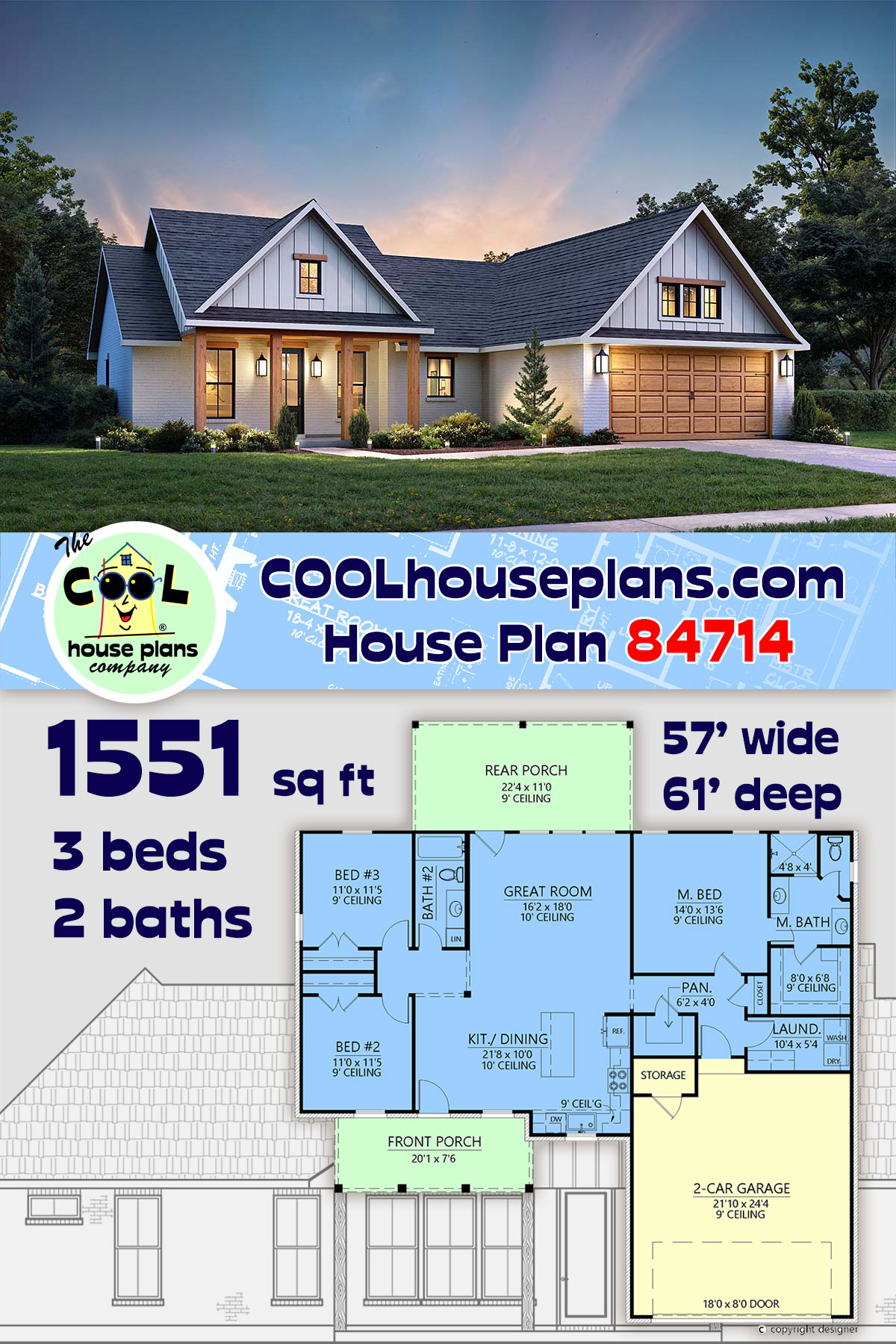 Contemporary, Farmhouse, Southern, Traditional House Plan 84714 with 3 Beds, 2 Baths, 2 Car Garage