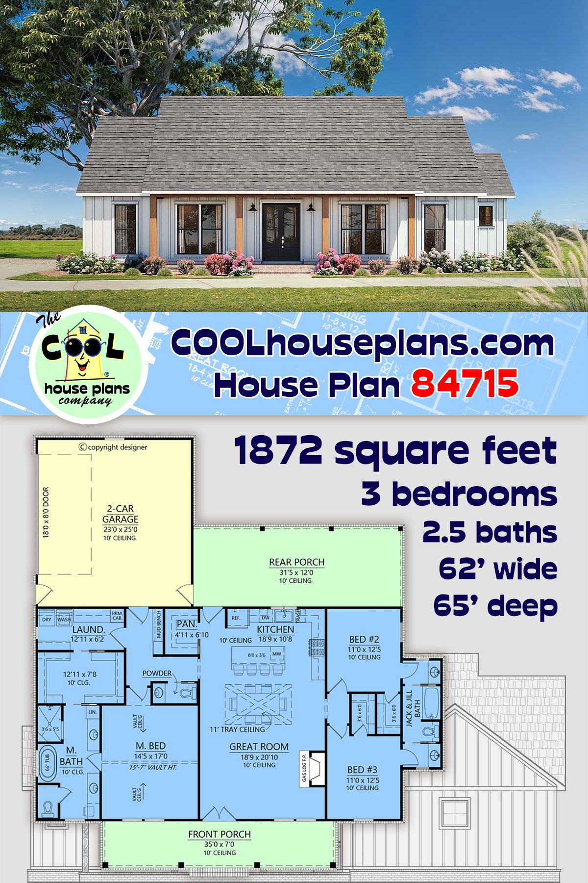 Country, Farmhouse House Plan 84715 with 3 Beds, 3 Baths, 2 Car Garage