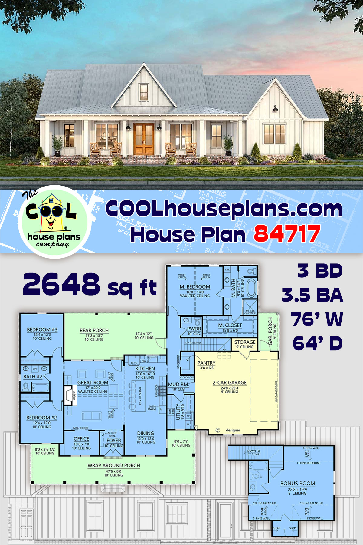 Country, Farmhouse, New American House Plan 84717 with 3 Beds, 4 Baths, 2 Car Garage