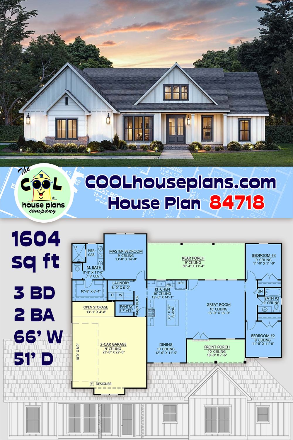 Contemporary, Farmhouse House Plan 84718 with 3 Beds, 2 Baths, 2 Car Garage