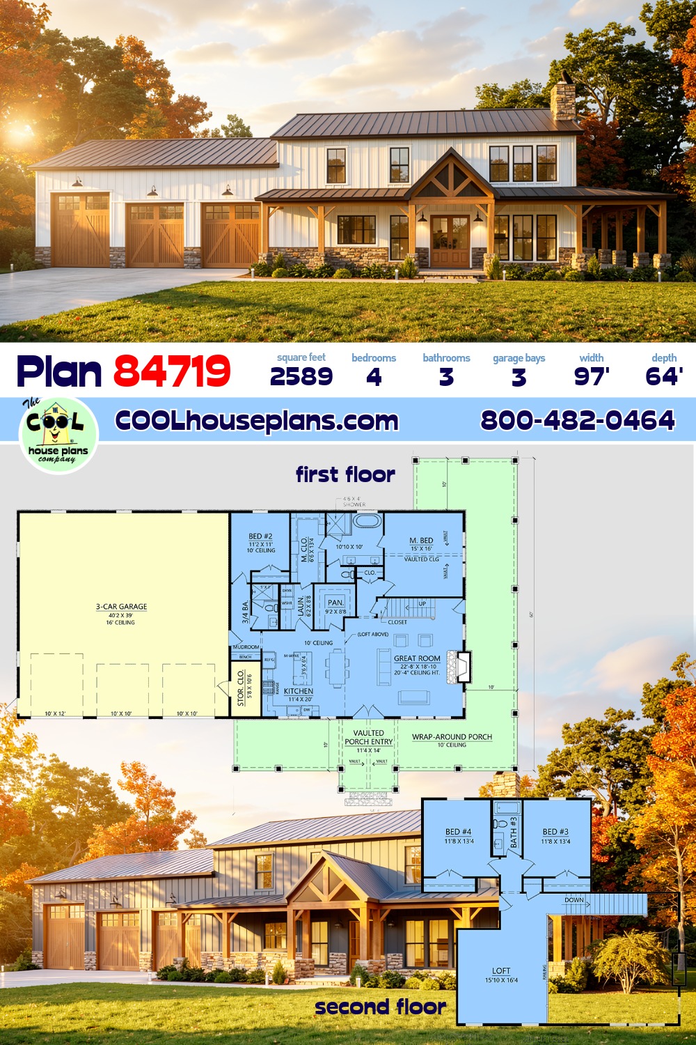 Barndominium, Country, Farmhouse House Plan 84719 with 4 Beds, 3 Baths, 3 Car Garage