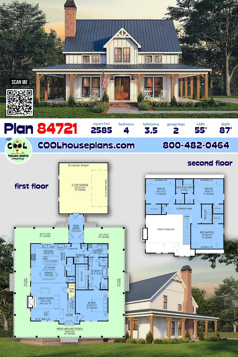Contemporary, Country, Farmhouse House Plan 84721 with 4 Beds, 4 Baths, 2 Car Garage