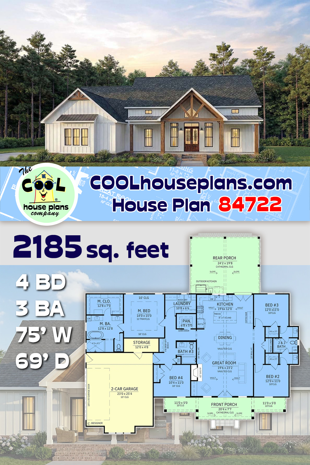 Country, Farmhouse House Plan 84722 with 4 Beds, 3 Baths, 2 Car Garage