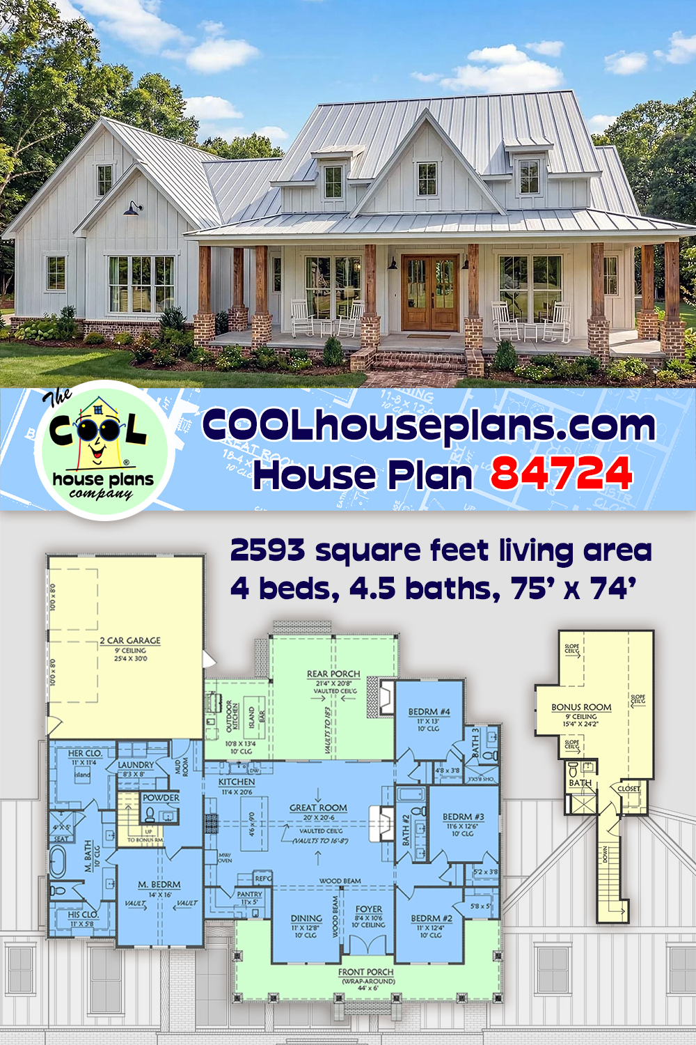 Contemporary, Country, Craftsman, Farmhouse, New American House Plan 84724 with 4 Beds, 5 Baths, 2 Car Garage