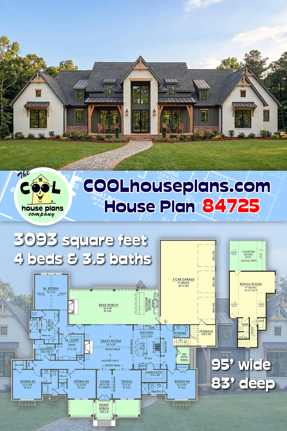 Contemporary, Craftsman, Farmhouse, New American House Plan 84725 with 4 Beds, 4 Baths, 3 Car Garage