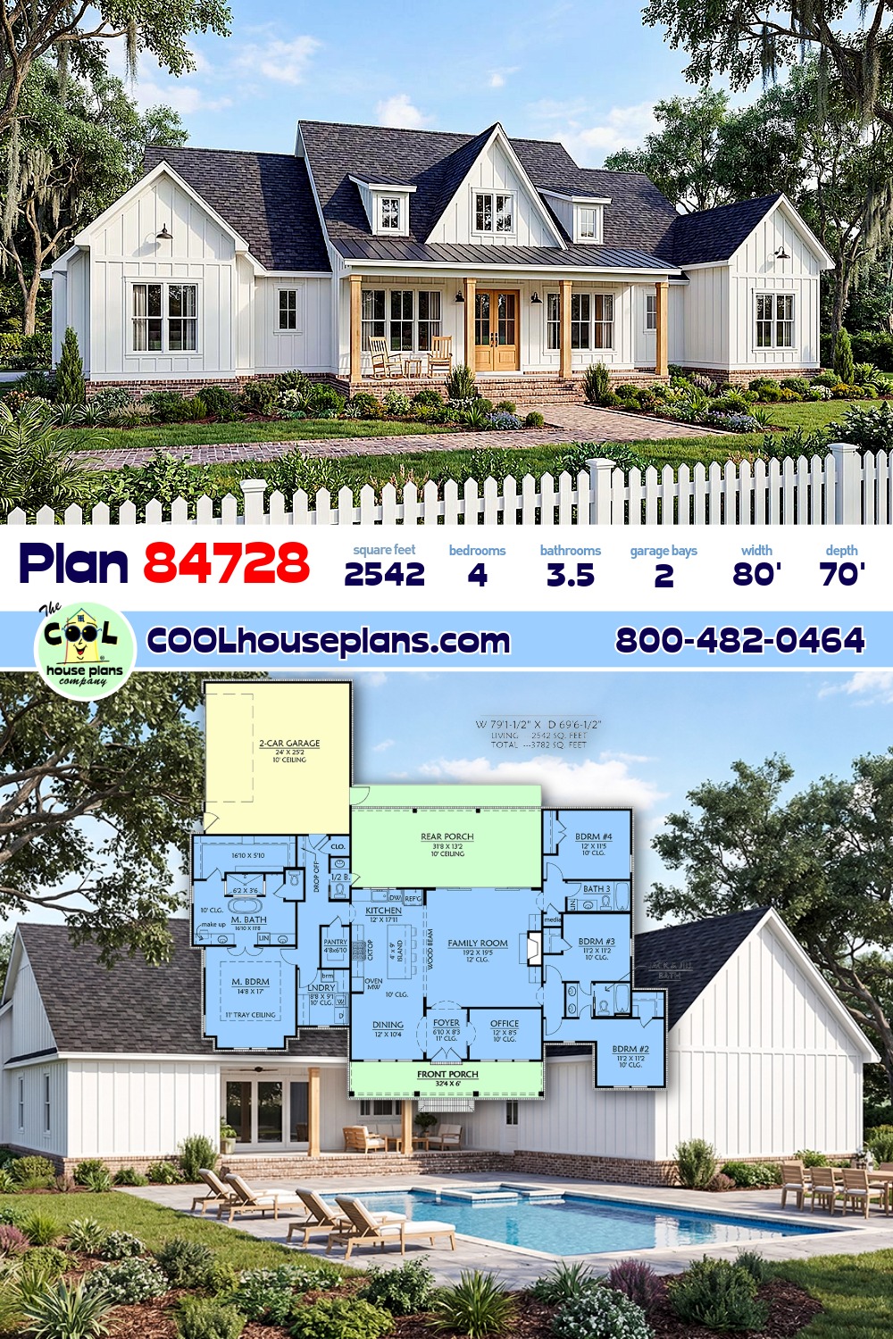 Contemporary, Farmhouse, New American, Southern House Plan 84728 with 4 Beds, 4 Baths, 2 Car Garage