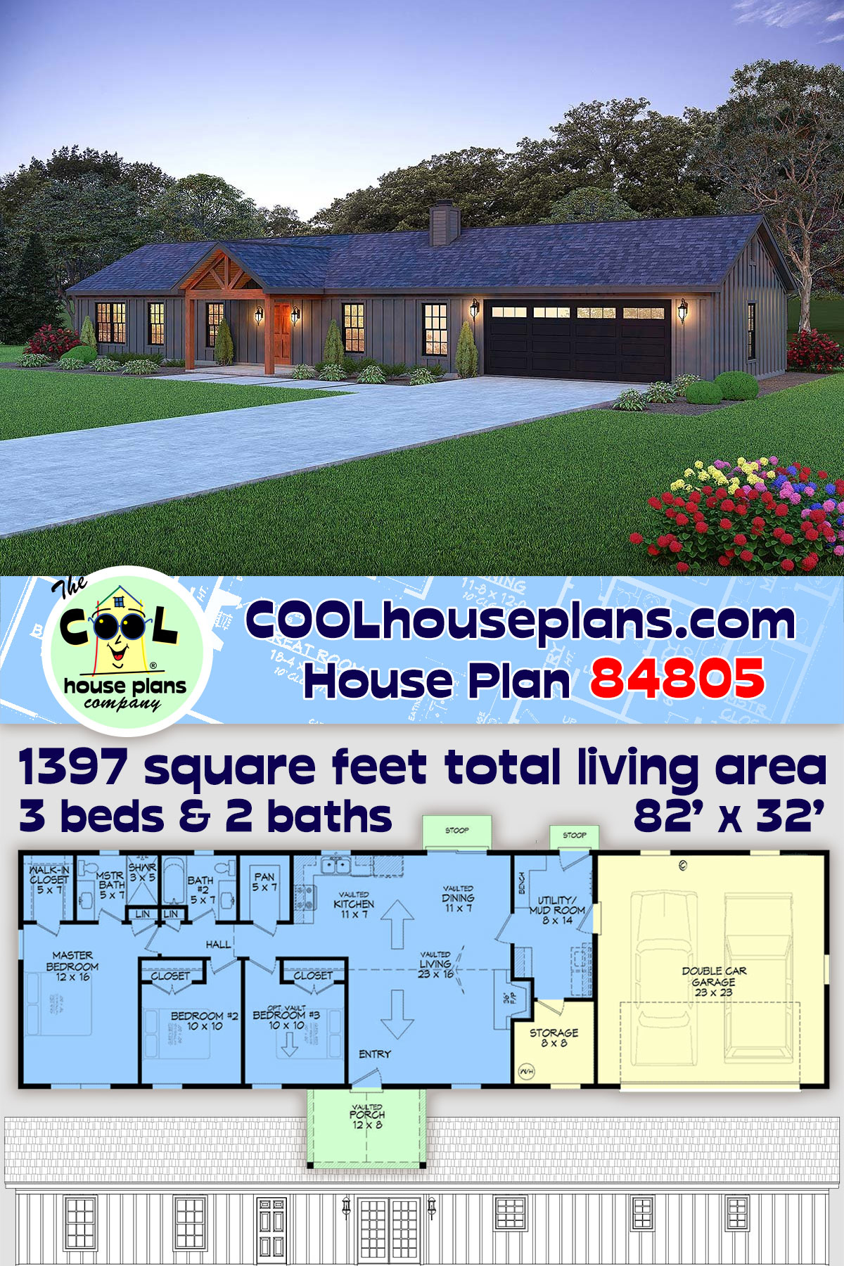 Country, Craftsman, Farmhouse, Ranch House Plan 84805 with 3 Beds, 2 Baths, 2 Car Garage