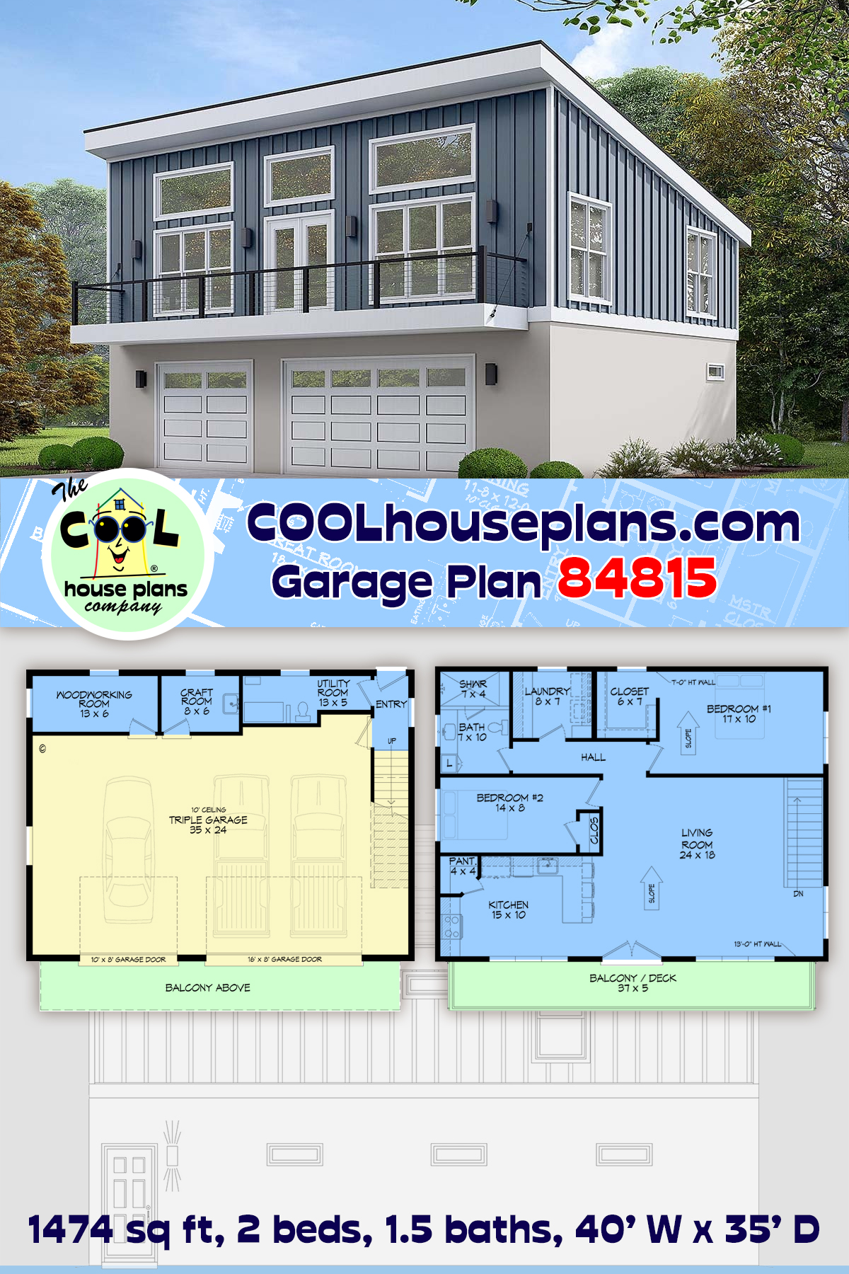 Contemporary, Modern Garage-Living Plan 84815 with 2 Beds, 2 Baths, 3 Car Garage