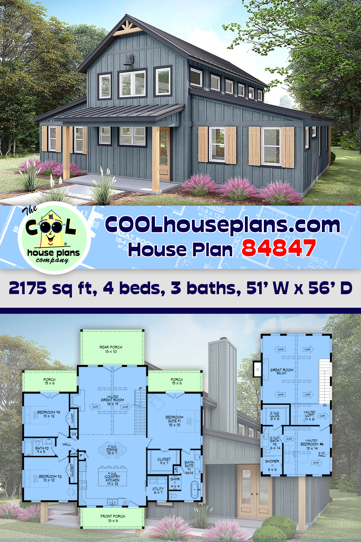 Barndominium, Country, Farmhouse House Plan 84847 with 4 Beds, 3 Baths