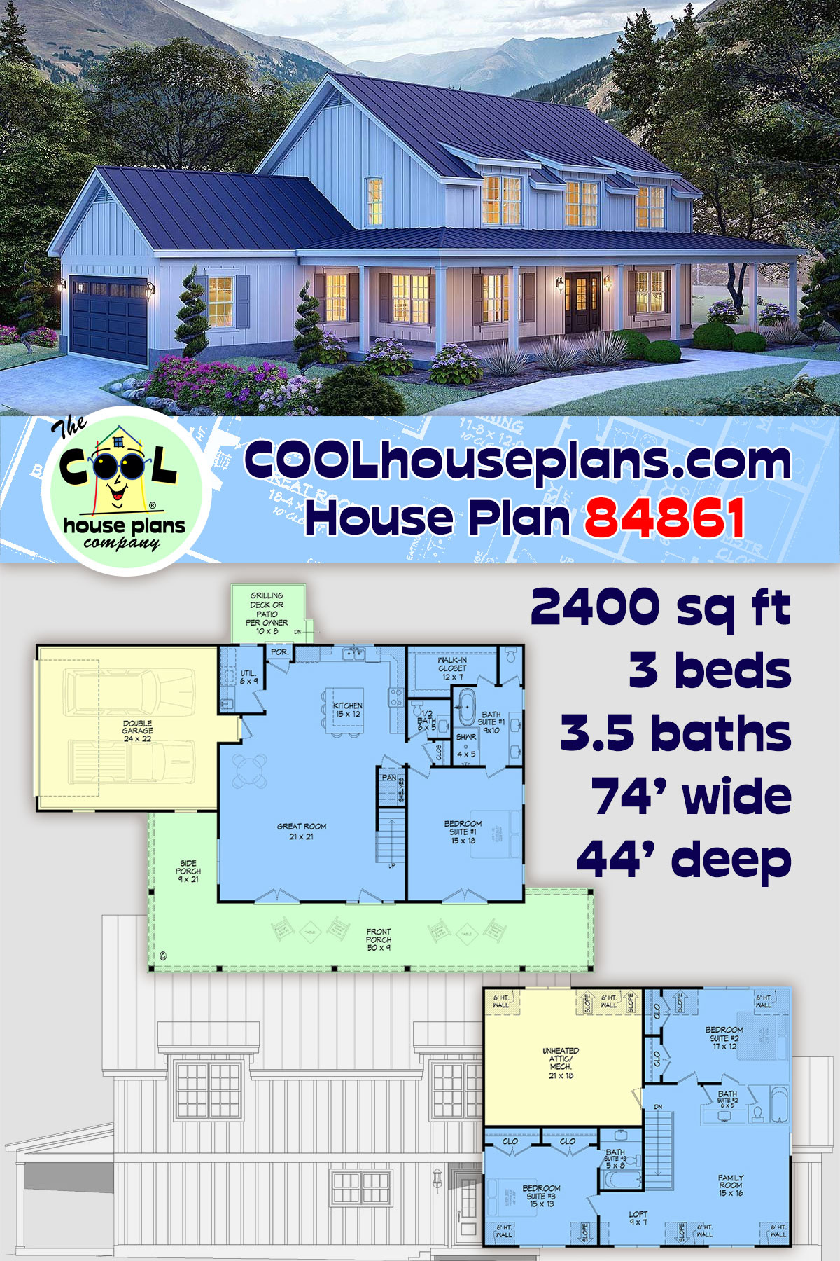 Country, Farmhouse House Plan 84861 with 3 Beds, 4 Baths, 2 Car Garage