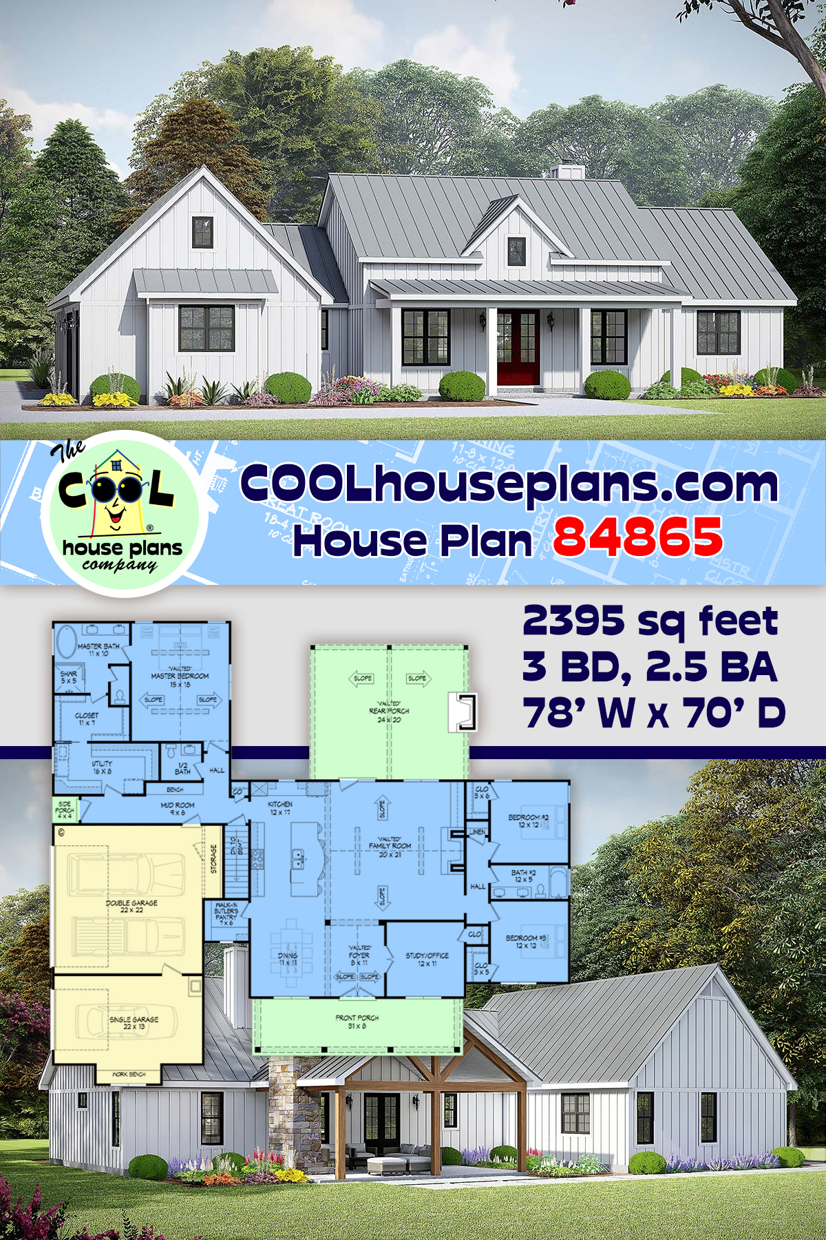 Country, Farmhouse, Ranch, Traditional House Plan 84865 with 3 Beds, 3 Baths, 3 Car Garage
