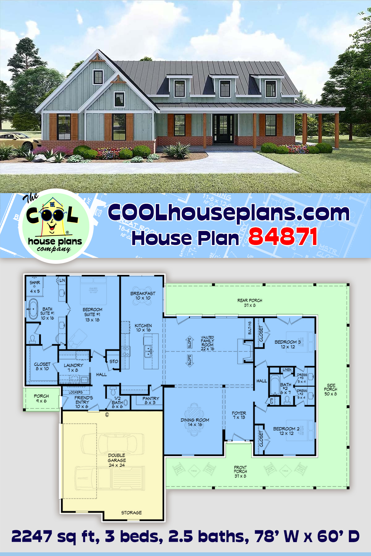 Country, Farmhouse House Plan 84871 with 3 Beds, 3 Baths, 2 Car Garage